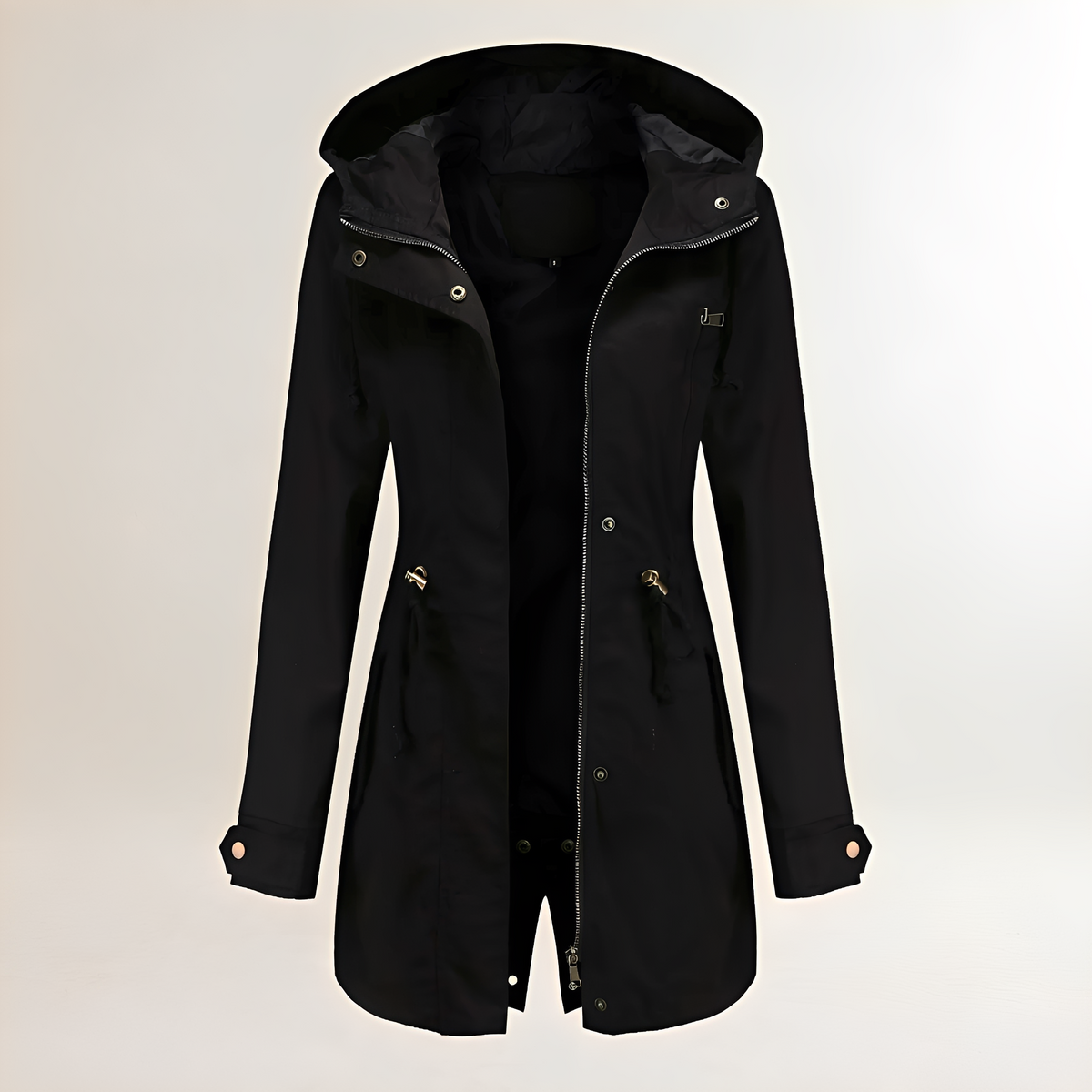 Casaco parka feminino com capuz, fechamento de zíper e cintura com cordão