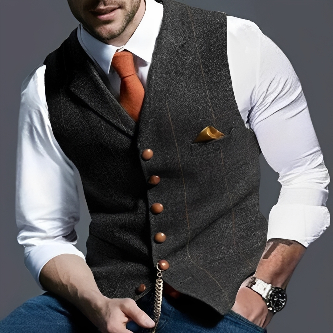Casaco sem mangas Masculino — Colete com lapela notch e padrão xadrez janela