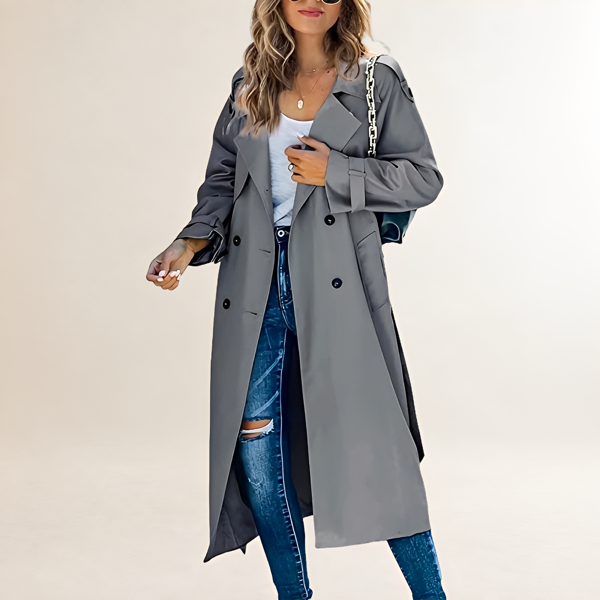 Casaco trench feminino comprimento longo abotoamento duplo lapela clássica
