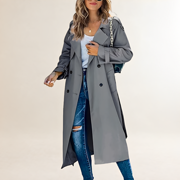 Casaco trench feminino comprimento longo abotoamento duplo lapela clássica