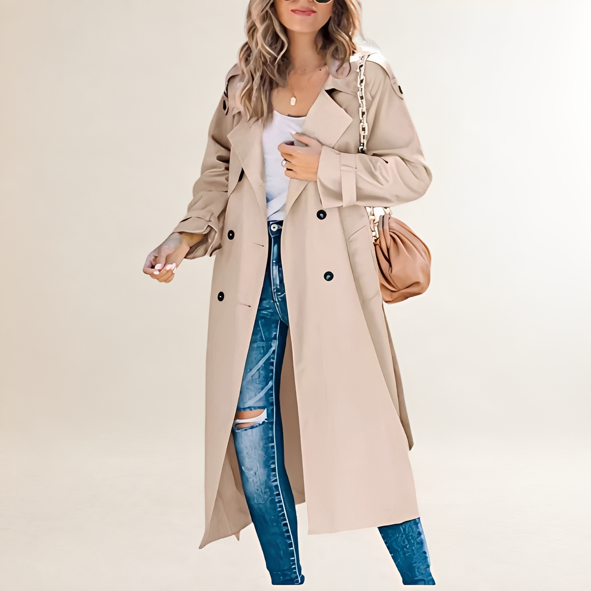 Casaco trench feminino comprimento longo abotoamento duplo lapela clássica