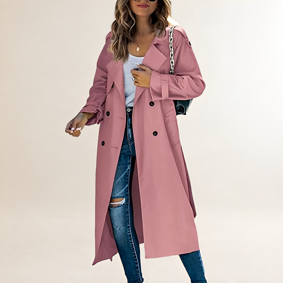Casaco trench feminino comprimento longo abotoamento duplo lapela clássica