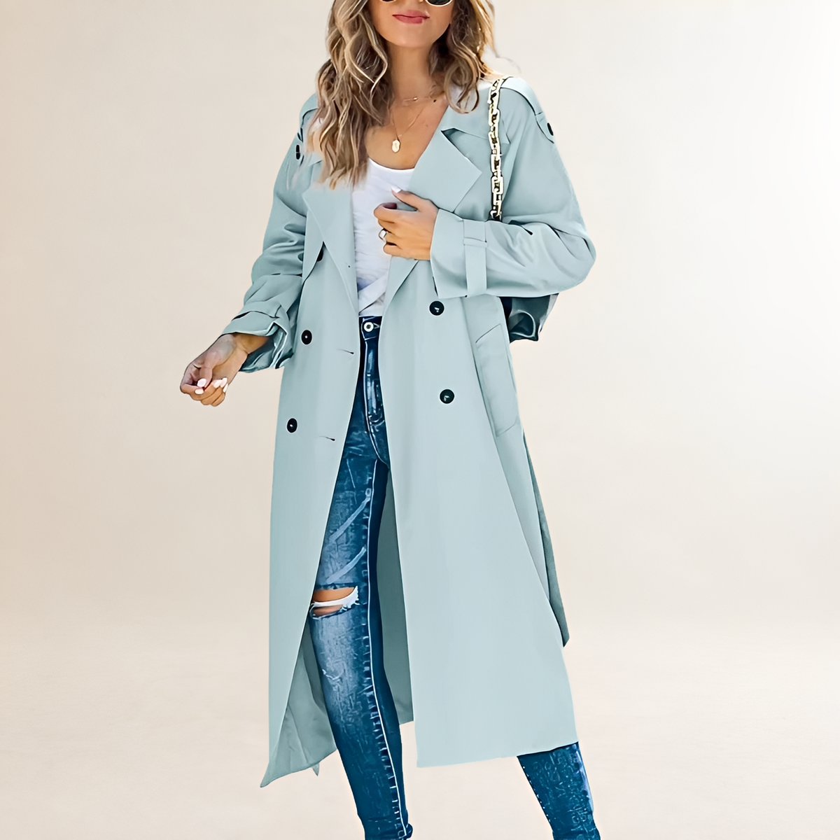 Casaco trench feminino comprimento longo abotoamento duplo lapela clássica