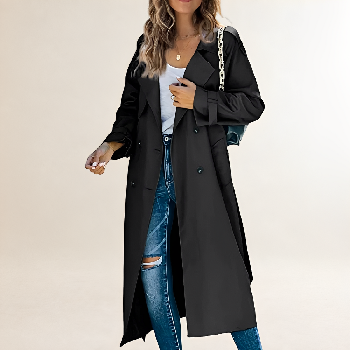 Casaco trench feminino comprimento longo abotoamento duplo lapela clássica