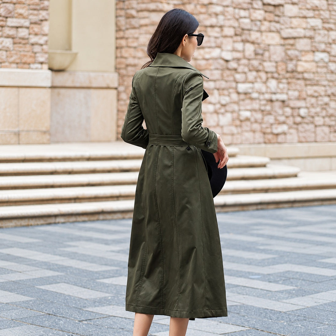 Casaco trench feminino longo duplo abotoamento com cinto e lapela em notched comprimento maxi