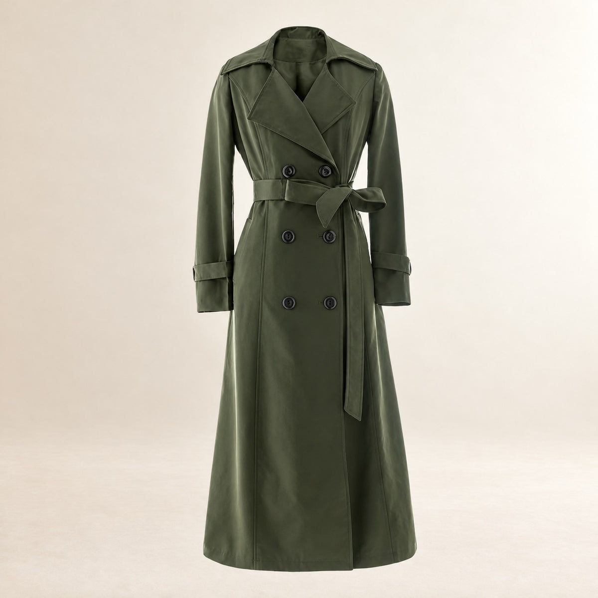 Casaco trench feminino longo duplo abotoamento com cinto e lapela em notched comprimento maxi