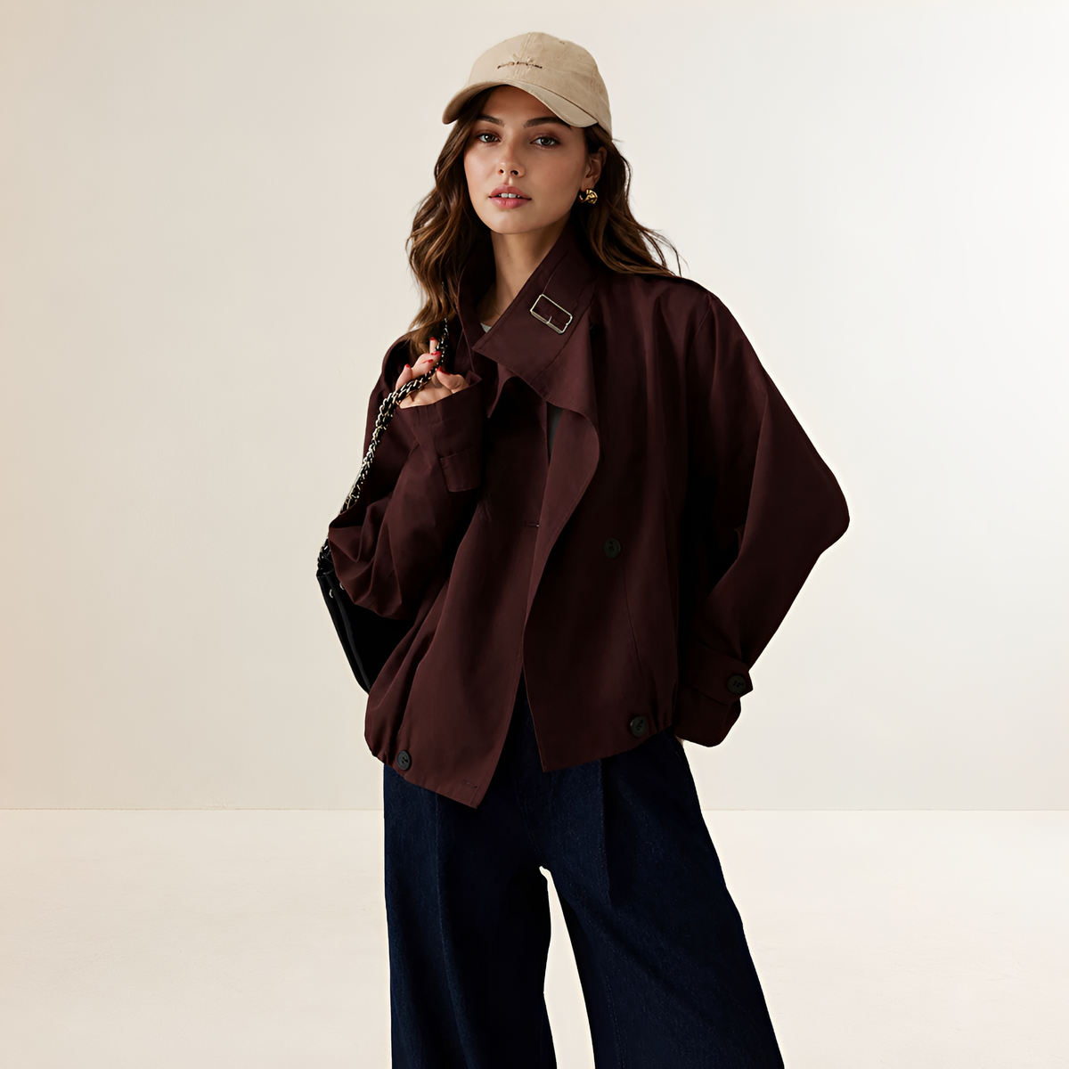 Casaco trench feminino oversized com lapelas largas e fechamento duplo-breasted