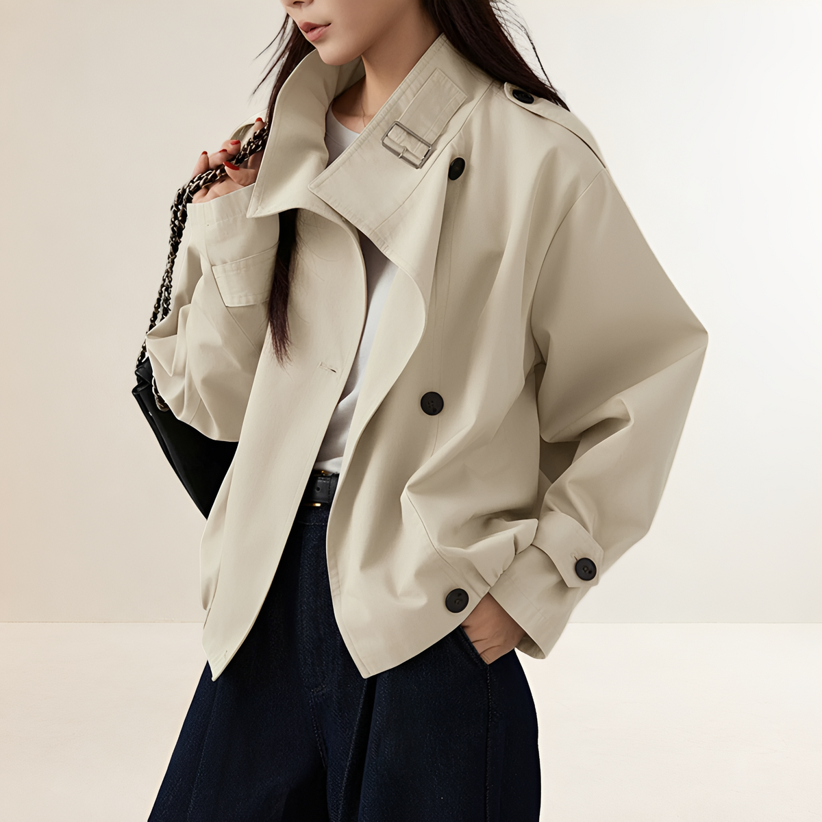 Casaco trench feminino oversized com lapelas largas e fechamento duplo-breasted