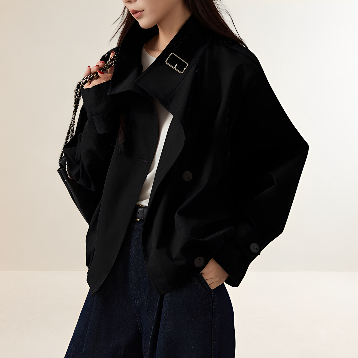 Casaco trench feminino oversized com lapelas largas e fechamento duplo-breasted