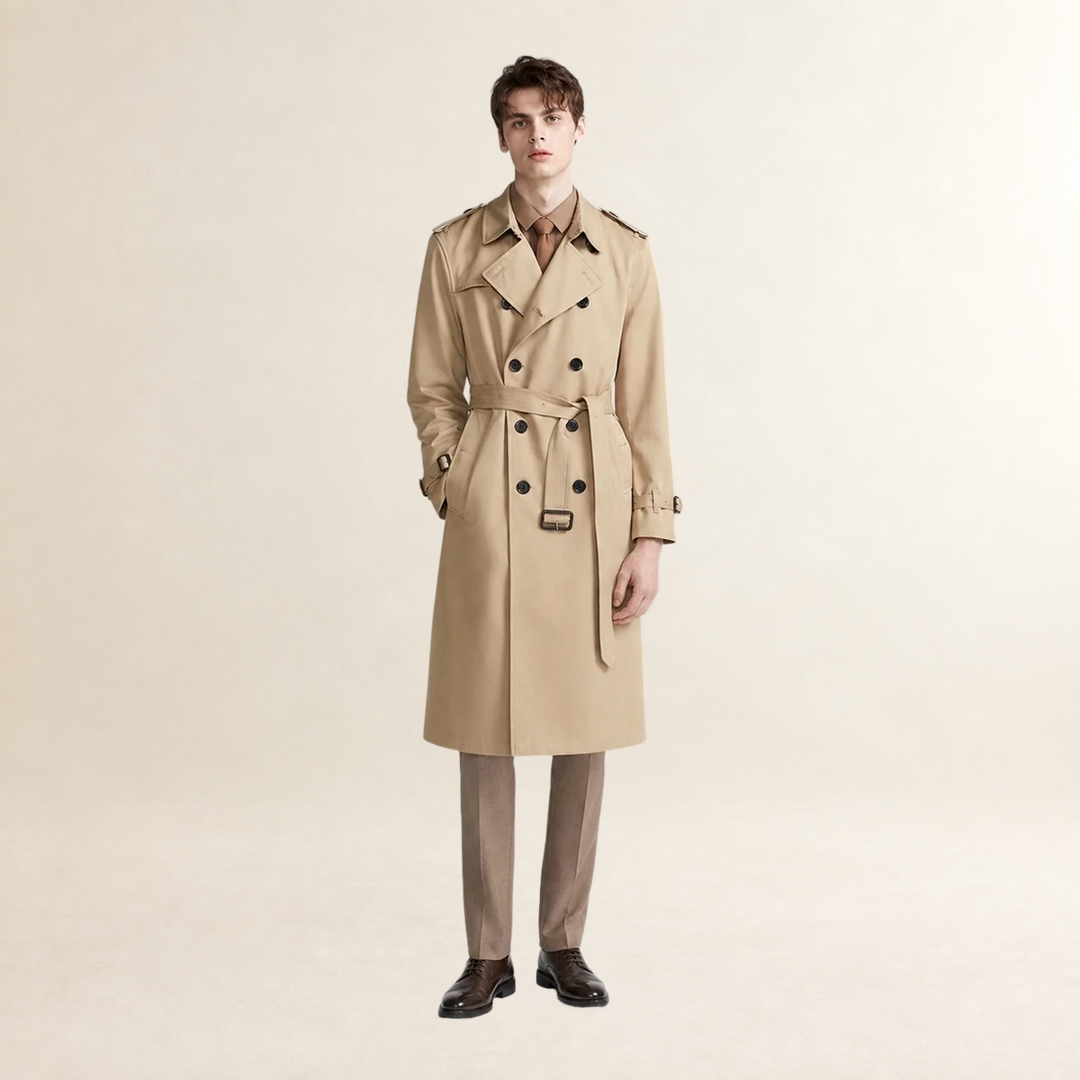 Casaco trench masculino duplo botão com cinto e lapela longo
