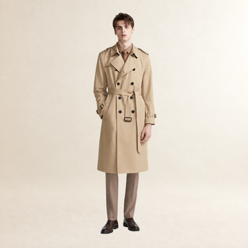 Casaco trench masculino duplo botão com cinto e lapela longo