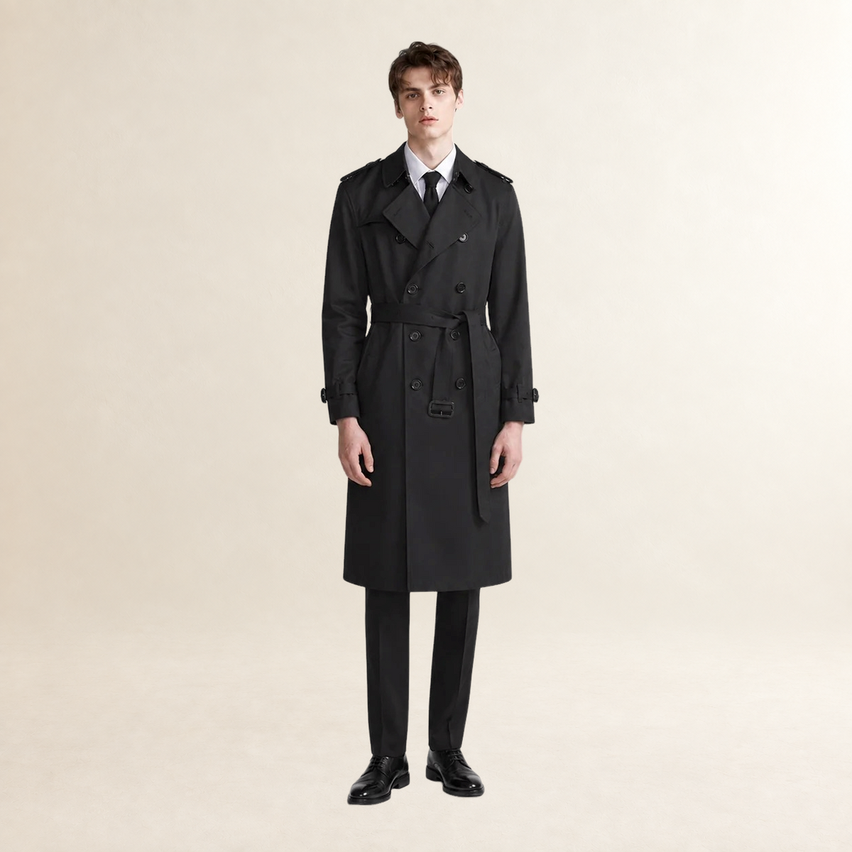 Casaco trench masculino duplo botão com cinto e lapela longo