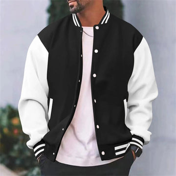 Casaco Varsity Masculino com fecho de pressão, mangas contrastantes e gola canelada riscada