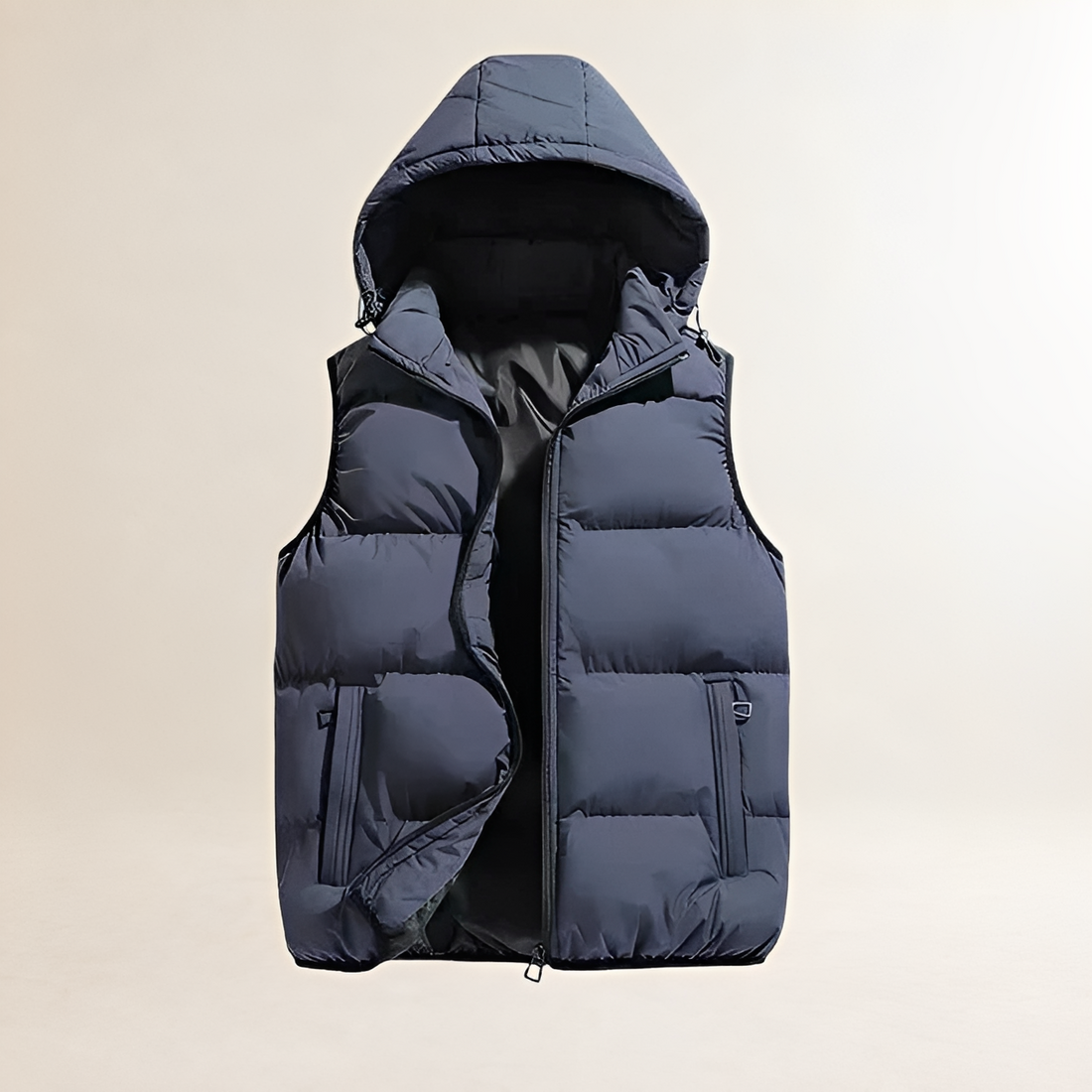 Colete acolchoado masculino com capuz, fechamento de zíper e caimento casual