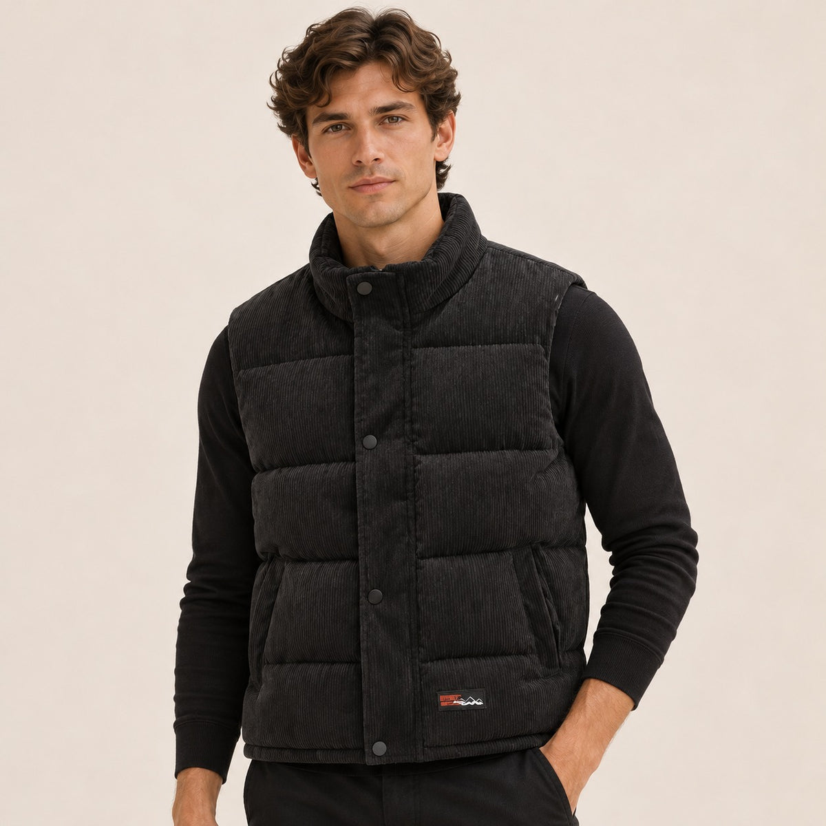 Colete acolchoado masculino com gola alta sem mangas - casual