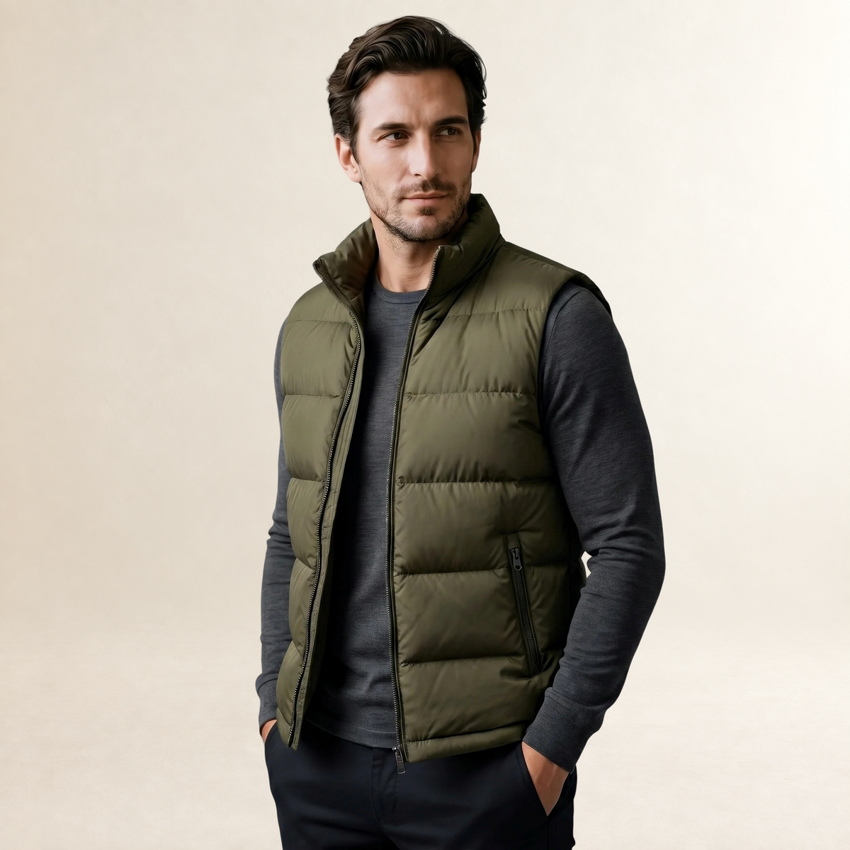 Colete Masculino Acolchoado - Gola Alta com Bolsos com Fecho de Correr
