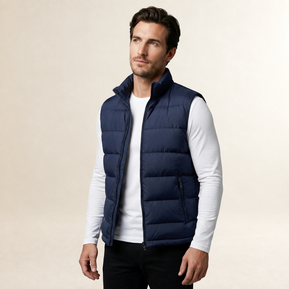 Colete Masculino Acolchoado - Gola Alta com Bolsos com Fecho de Correr