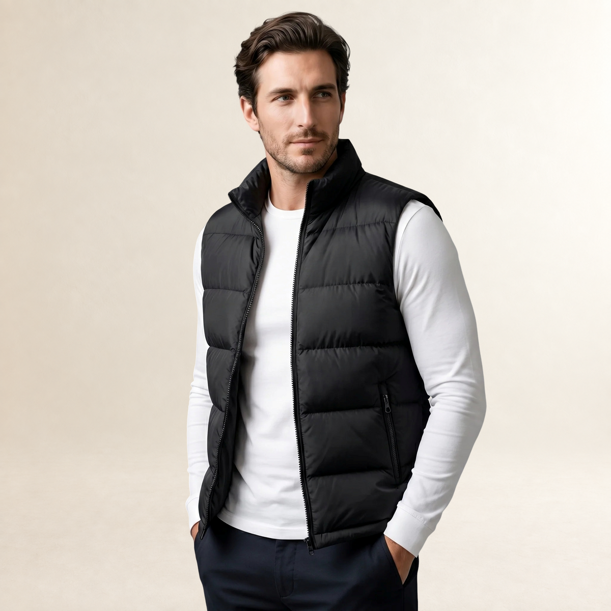 Colete Masculino Acolchoado - Gola Alta com Bolsos com Fecho de Correr