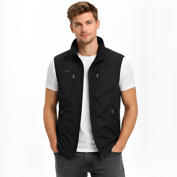 Colete masculino com zíper frontal, gola alta e 4 bolsos com zíper