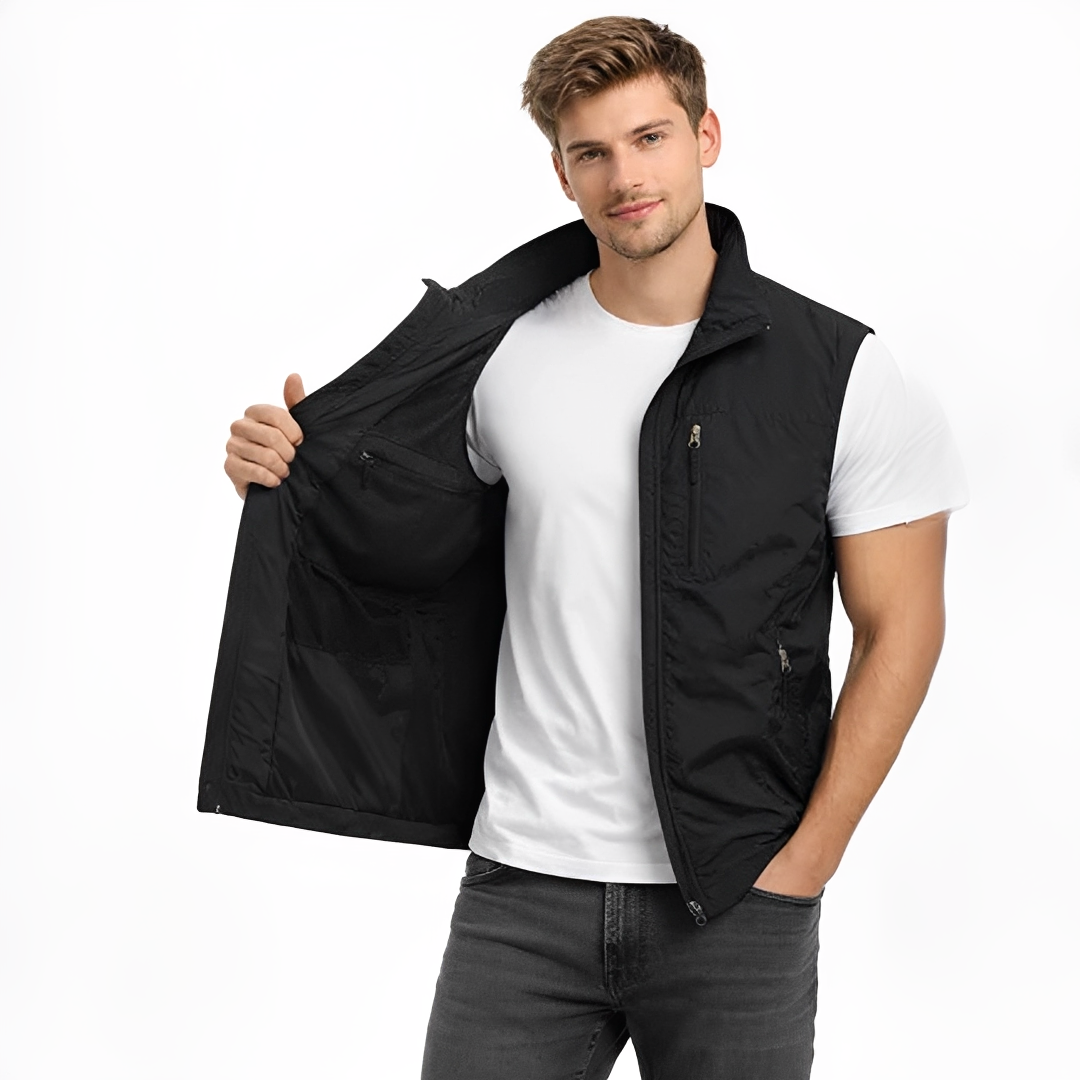 Colete masculino com zíper frontal, gola alta e 4 bolsos com zíper