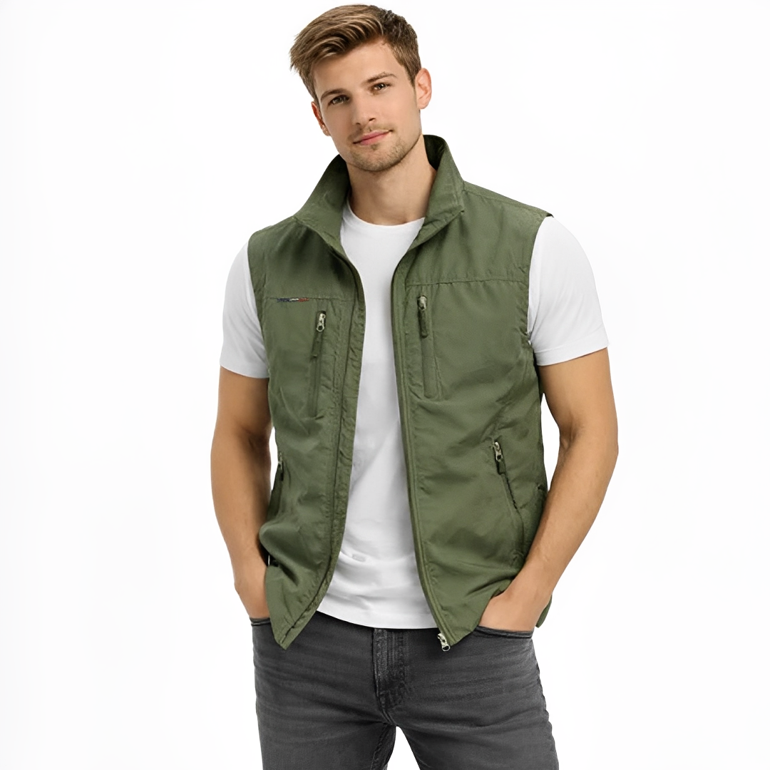 Colete masculino com zíper frontal, gola alta e 4 bolsos com zíper