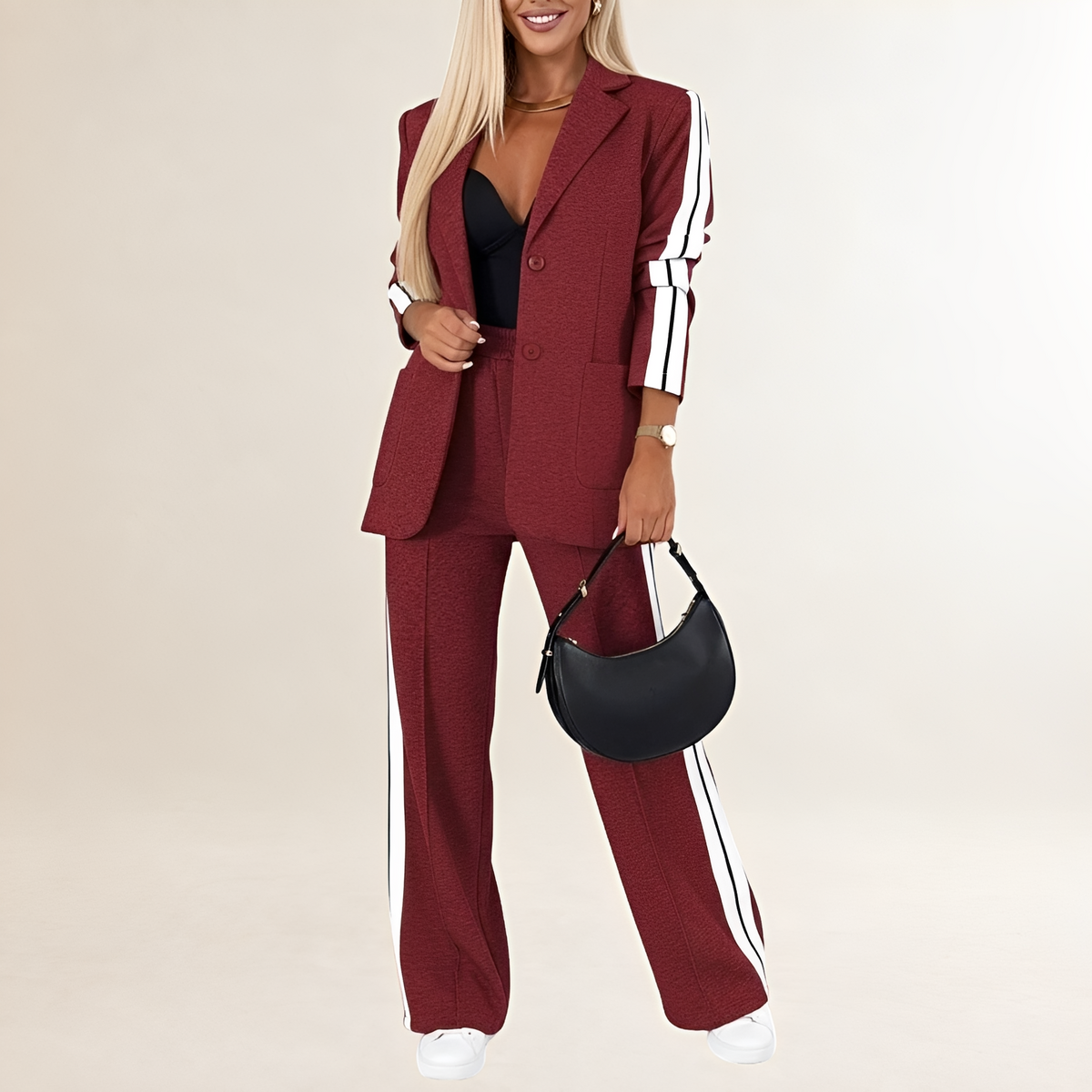 Conjunto athleisure feminino blazer com botões e calça wide-leg com listras contrastantes