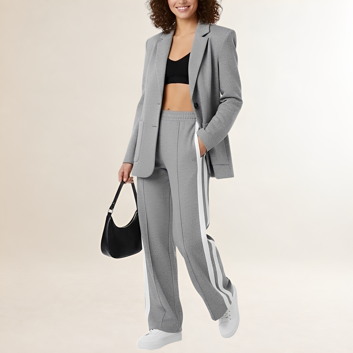 Conjunto athleisure feminino blazer com botões e calça wide-leg com listras contrastantes