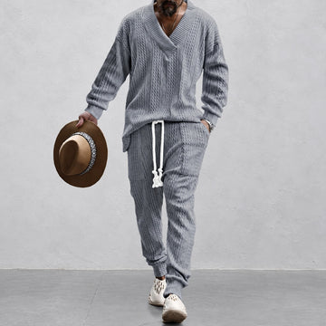 Conjunto Athleisure Masculino - Camisola de Manga Comprida com Decote em V e Calças com Cordão Ajustável, Corte Descontraído