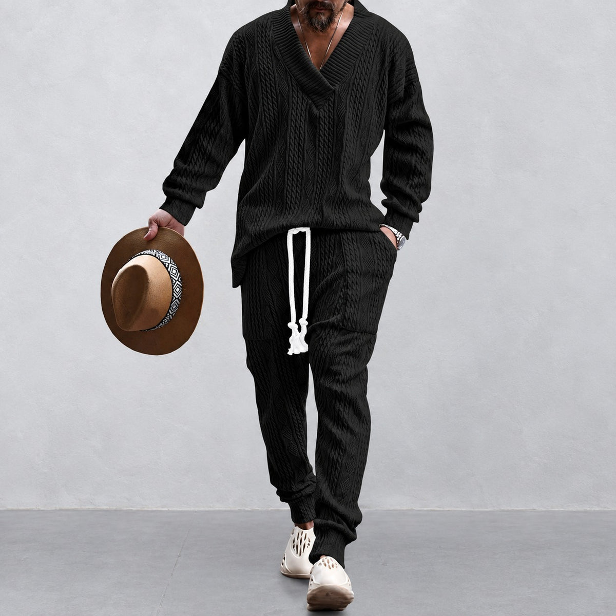 Conjunto Athleisure Masculino - Camisola de Manga Comprida com Decote em V e Calças com Cordão Ajustável, Corte Descontraído