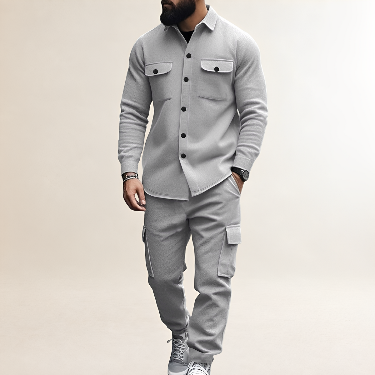 Conjunto Cargo masculino - Camisa com fechamento de botão e bolsos no peito calça com cintura elástica