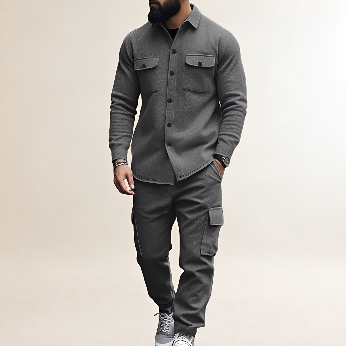 Conjunto Cargo masculino - Camisa com fechamento de botão e bolsos no peito calça com cintura elástica