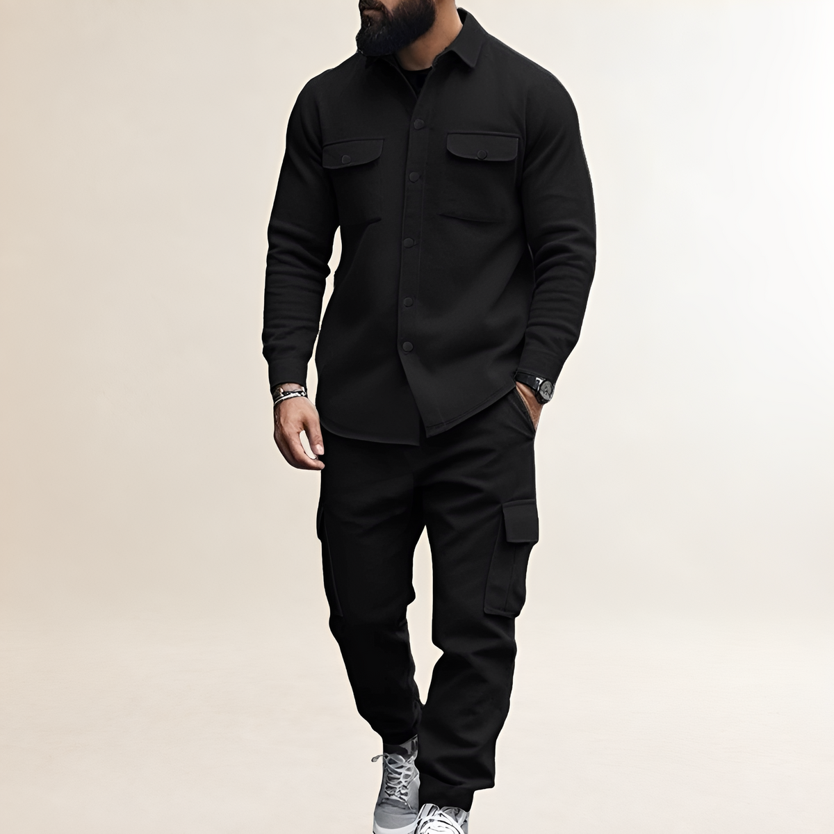Conjunto Cargo masculino - Camisa com fechamento de botão e bolsos no peito calça com cintura elástica