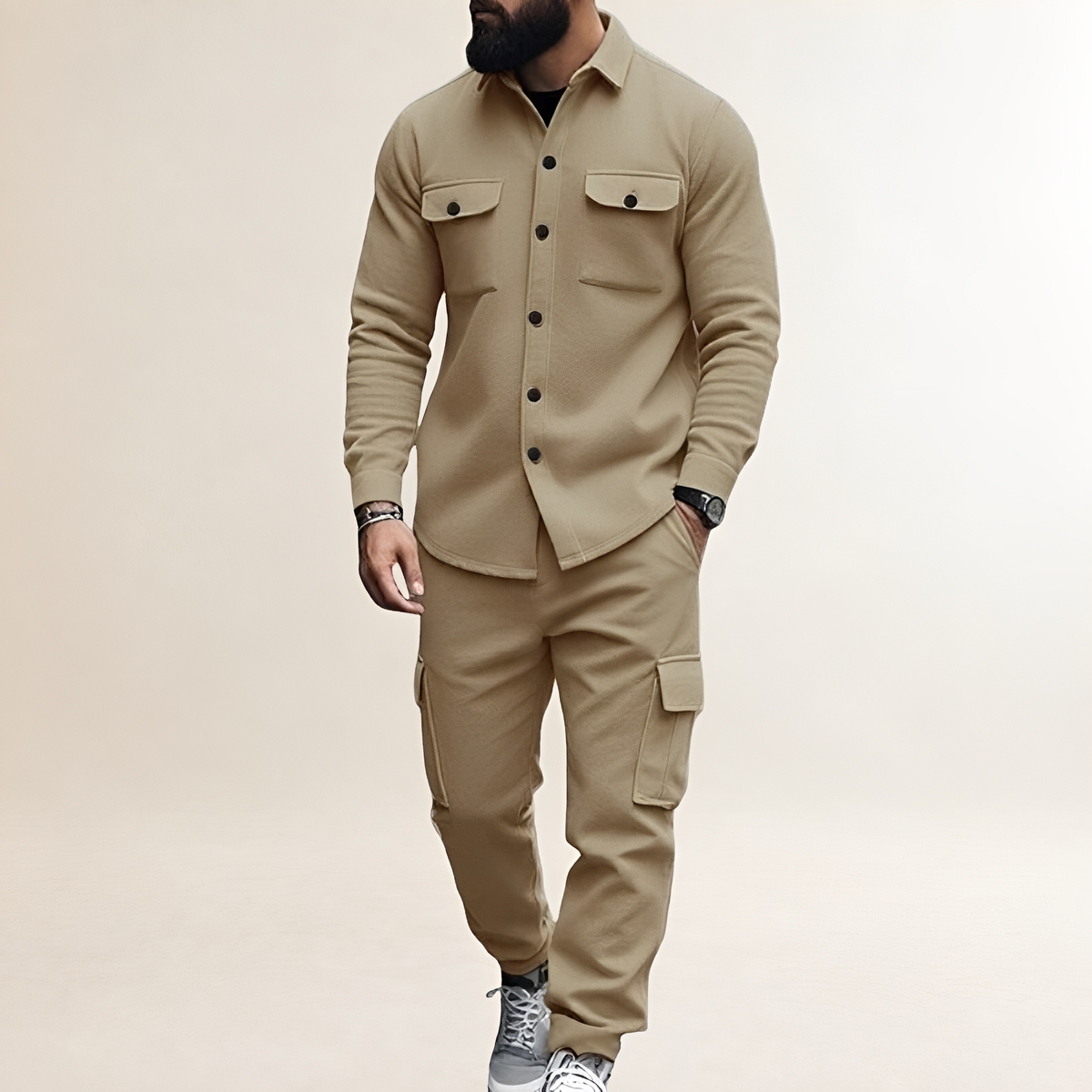 Conjunto Cargo masculino - Camisa com fechamento de botão e bolsos no peito calça com cintura elástica