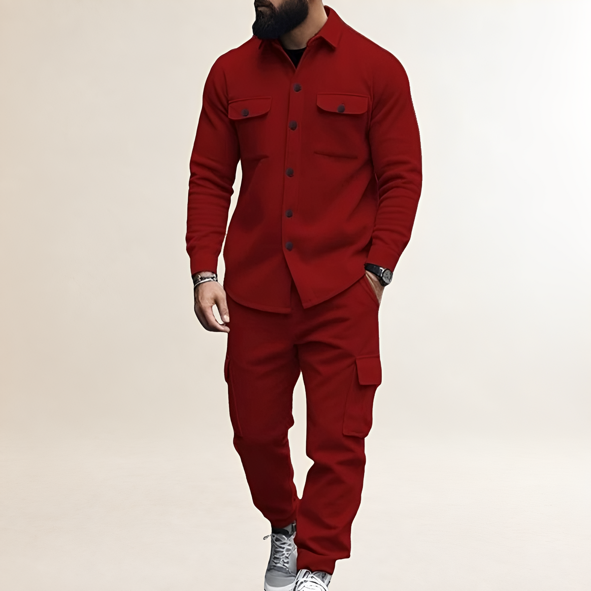 Conjunto Cargo masculino - Camisa com fechamento de botão e bolsos no peito calça com cintura elástica