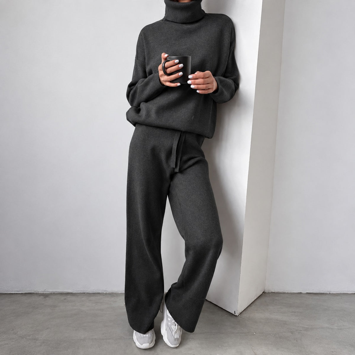 Conjunto casual feminino suéter de gola alta e calças pantalona de corte relaxado
