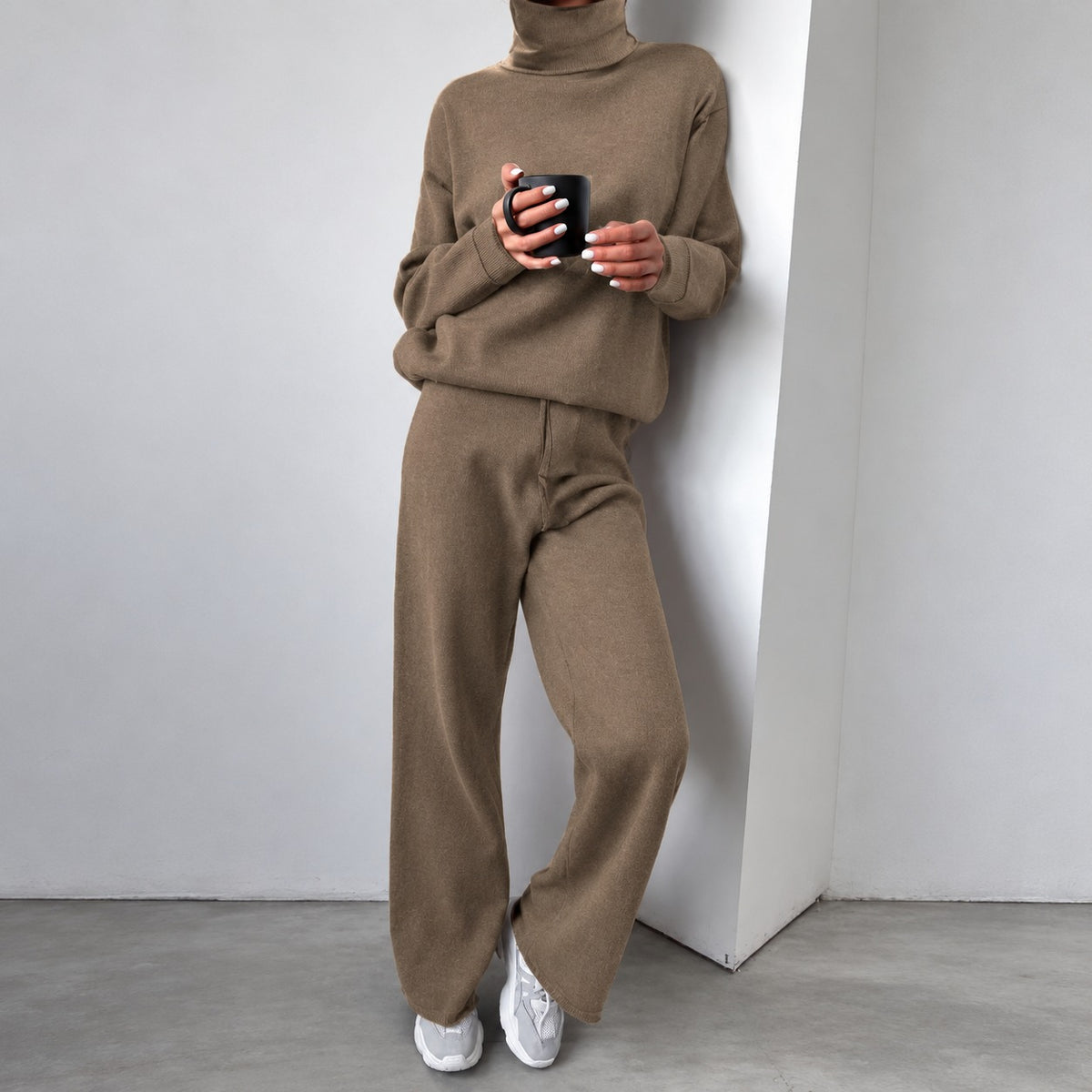 Conjunto casual feminino suéter de gola alta e calças pantalona de corte relaxado