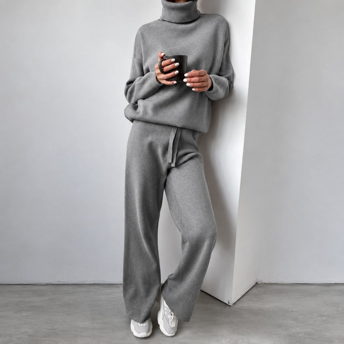 Conjunto casual feminino suéter de gola alta e calças pantalona de corte relaxado