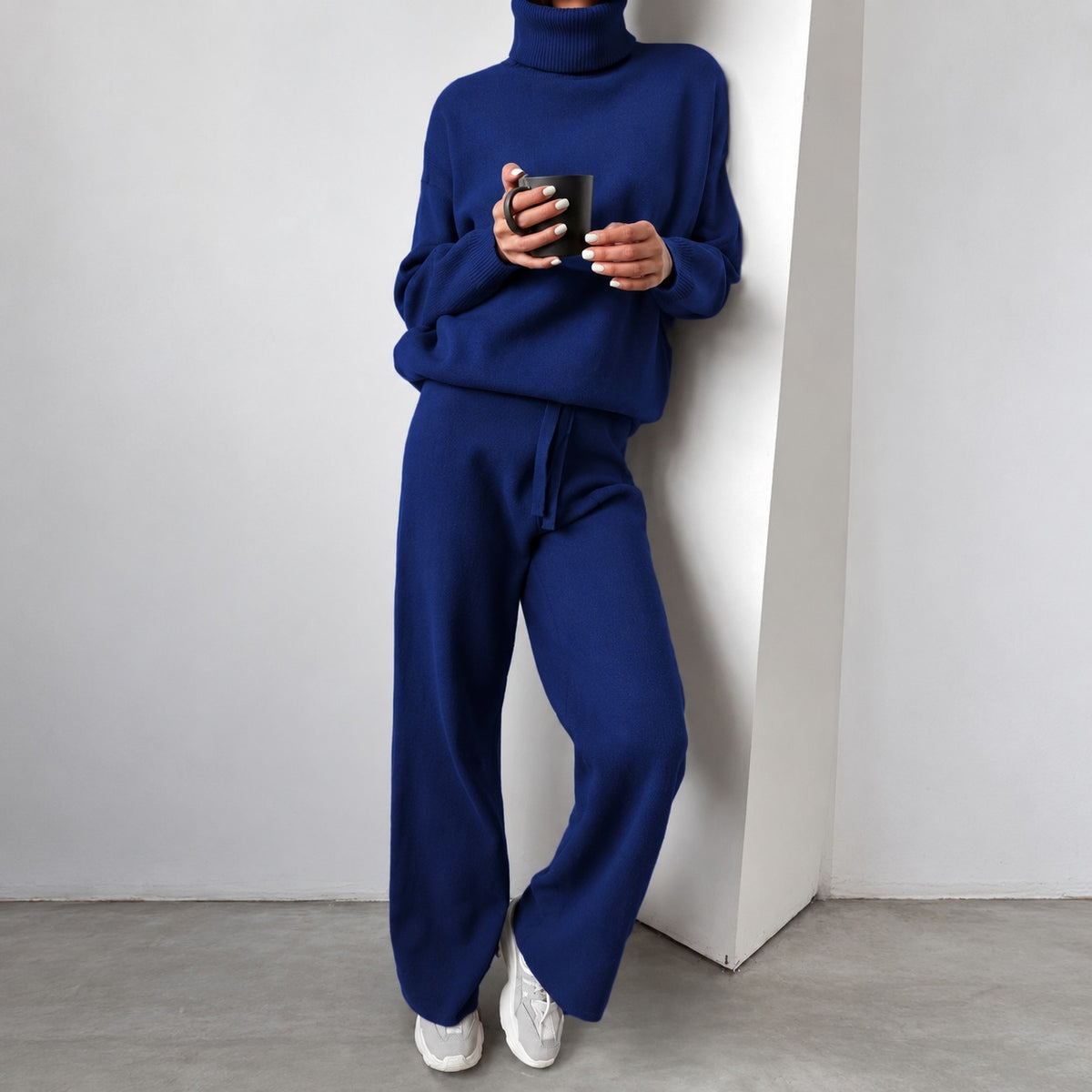 Conjunto casual feminino suéter de gola alta e calças pantalona de corte relaxado