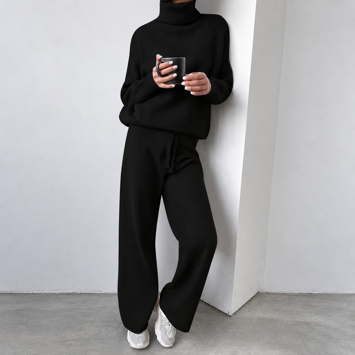 Conjunto casual feminino suéter de gola alta e calças pantalona de corte relaxado
