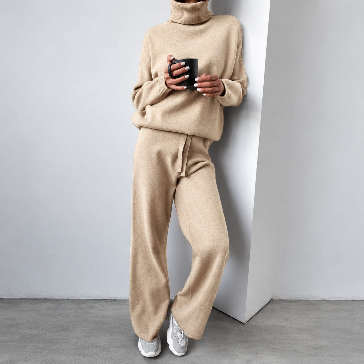 Conjunto casual feminino suéter de gola alta e calças pantalona de corte relaxado
