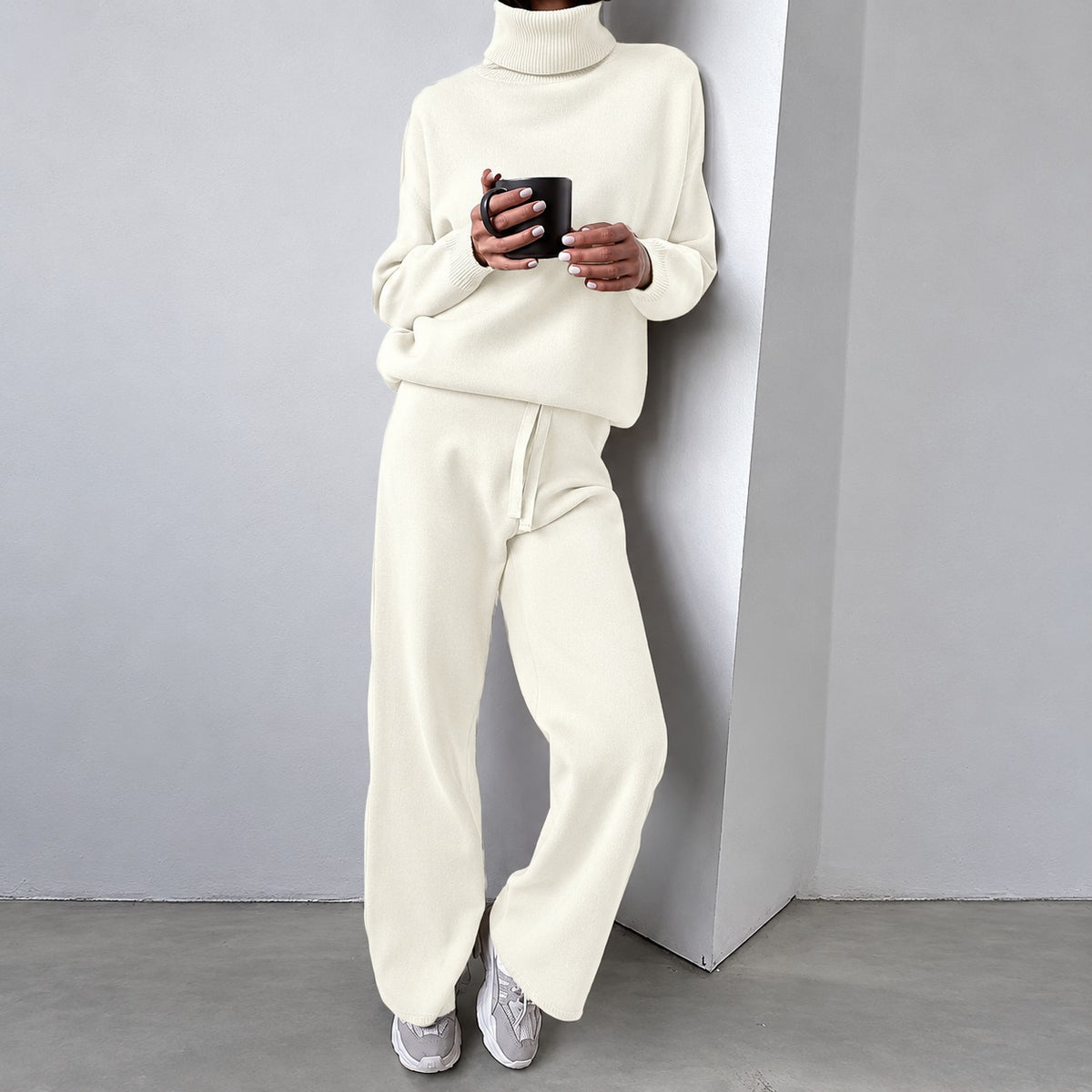 Conjunto casual feminino suéter de gola alta e calças pantalona de corte relaxado