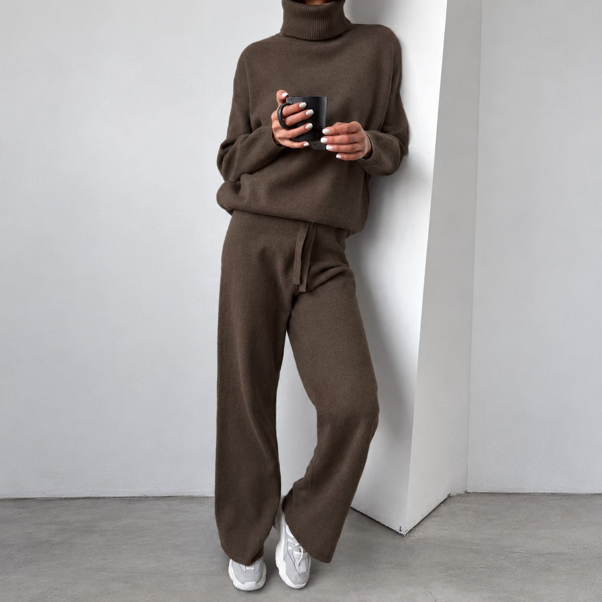 Conjunto casual feminino suéter de gola alta e calças pantalona de corte relaxado