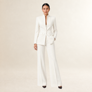 Conjunto de blazer e calça feminina de perna larga, sem colarinho e caimento estruturado