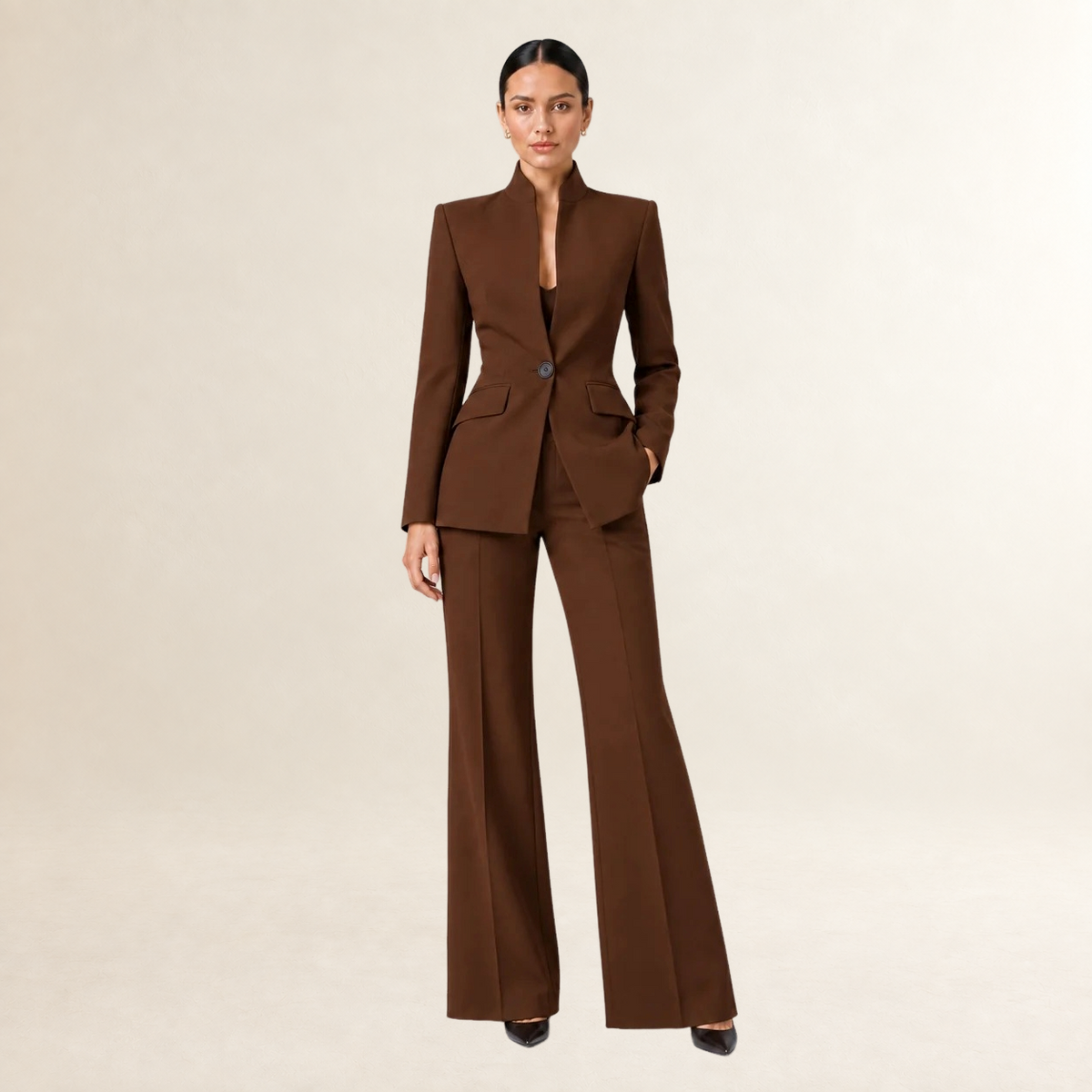 Conjunto de blazer e calça feminina de perna larga, sem colarinho e caimento estruturado