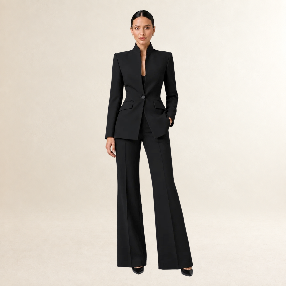 Conjunto de blazer e calça feminina de perna larga, sem colarinho e caimento estruturado