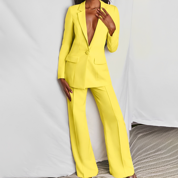 Conjunto de Blazer e Calça Pantalona Feminino Blazer de lapela e fechamento de botão Calça de cintura alta e perna larga