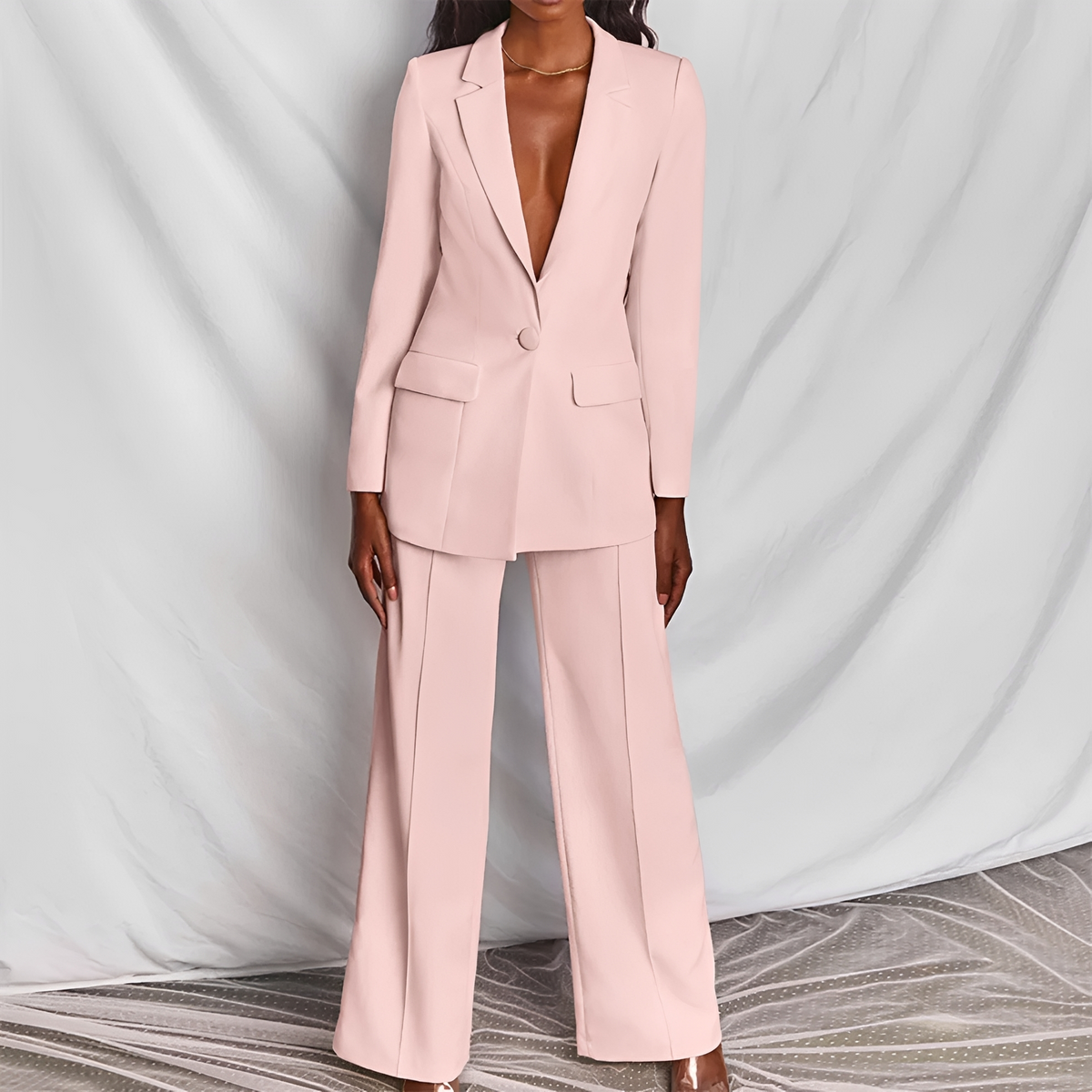 Conjunto de Blazer e Calça Pantalona Feminino Blazer de lapela e fechamento de botão Calça de cintura alta e perna larga