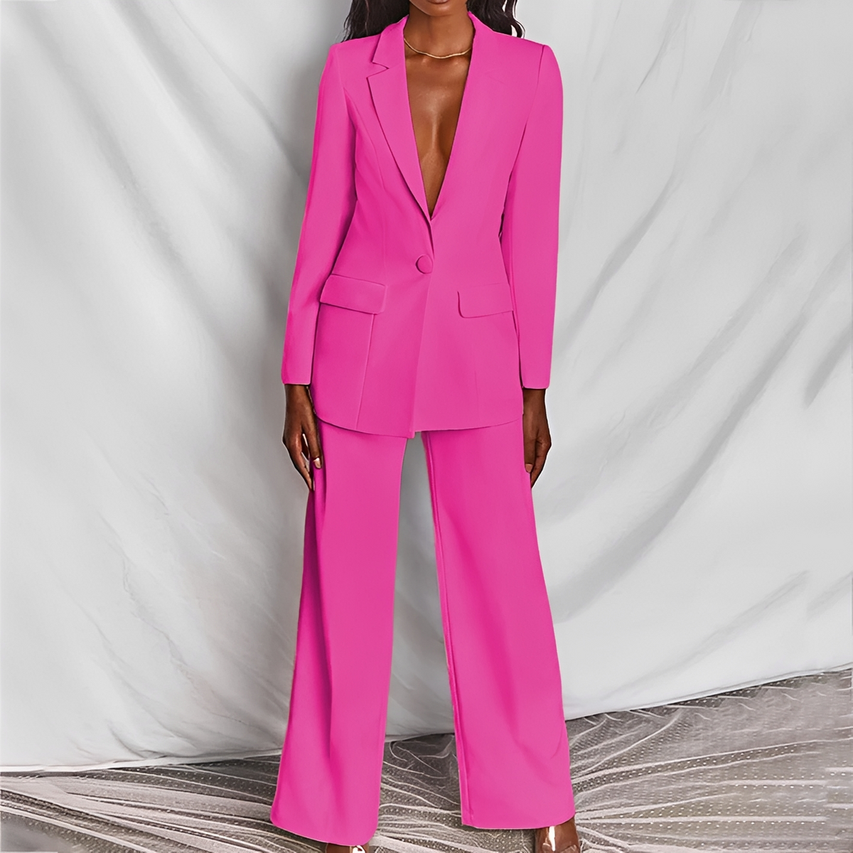 Conjunto de Blazer e Calça Pantalona Feminino Blazer de lapela e fechamento de botão Calça de cintura alta e perna larga