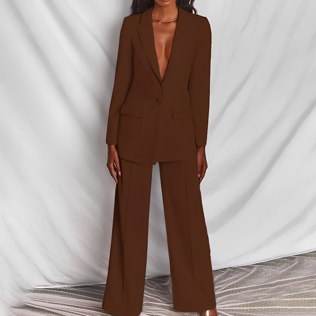 Conjunto de Blazer e Calça Pantalona Feminino Blazer de lapela e fechamento de botão Calça de cintura alta e perna larga