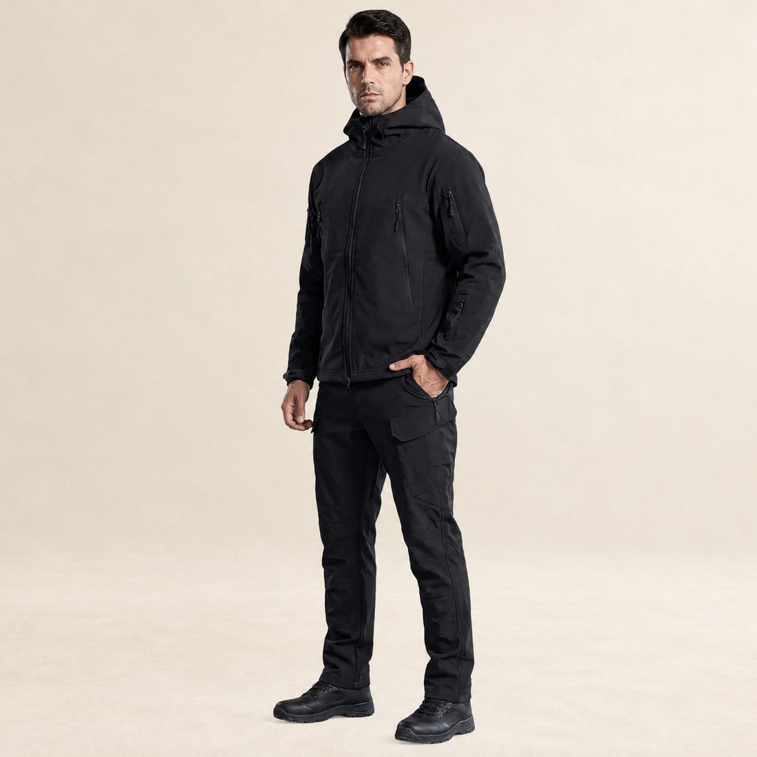 Conjunto de jaqueta tática e calças masculinas com múltiplos bolsos e ajuste ajustável